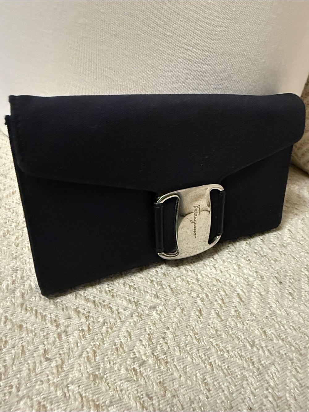 Salvatore Ferragamo Black Nylon Leather Tri Fold Wallet Clutch Vintage